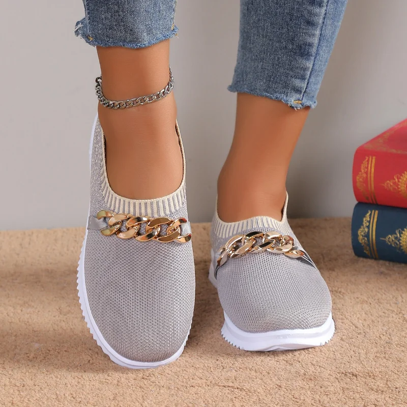 

2023 Hot Sale Shoes Female Knitted Mesh Women's Flats Outdoor Casual Flats Women The Chain Metal Decoration Slip-on Ladies Shoes