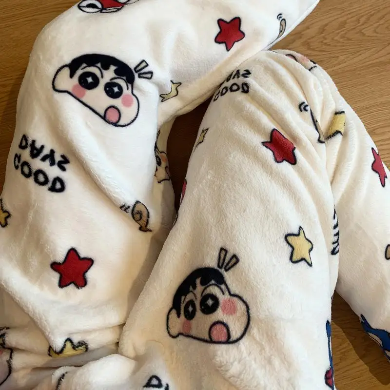 Зимние теплые пижамы Crayon Shin-Chan милые плюшевые штаны Y2K для девочек удобные модные