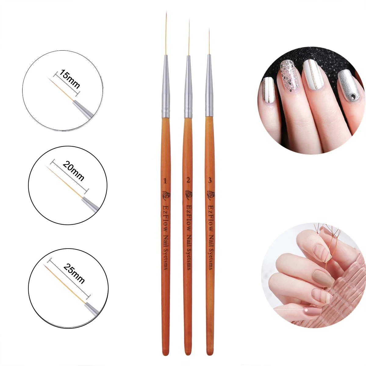 

15/20/25mm 3Pcs Nail Art Brush Wooden Handle French Lines Stripe Flower Painting Drawing Liner Pen Manicure Tool