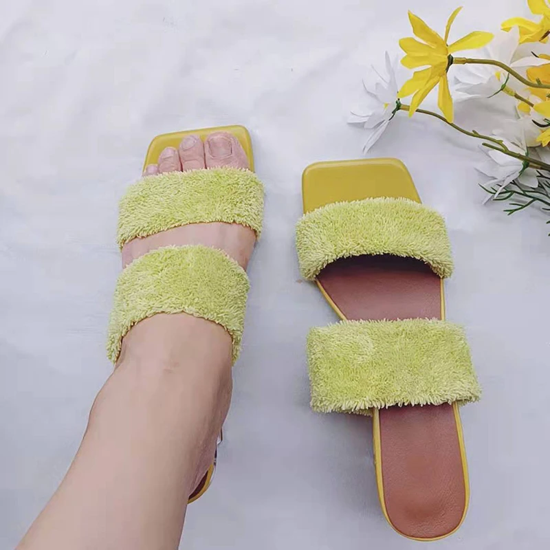 Fashion Slides Woman Shoes Sandals Slippers Crystal Heel Mid Heel Sandals Summer Soft Plush Comfortable Women's Slippers Slip On
