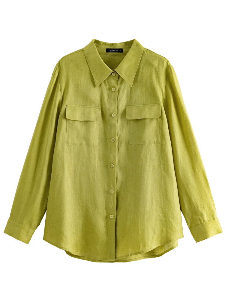 DUSHU 100% лен тонкая простая блузка с длинным рукавом воротник поло карманы