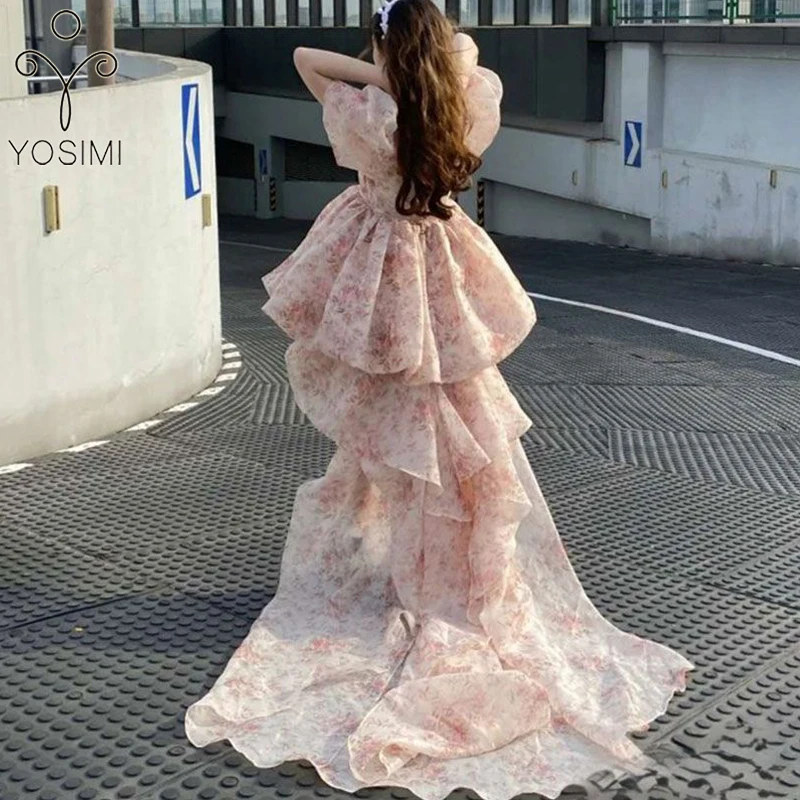 

Женское платье в пол, из органзы, с коротким рукавом-фонариком