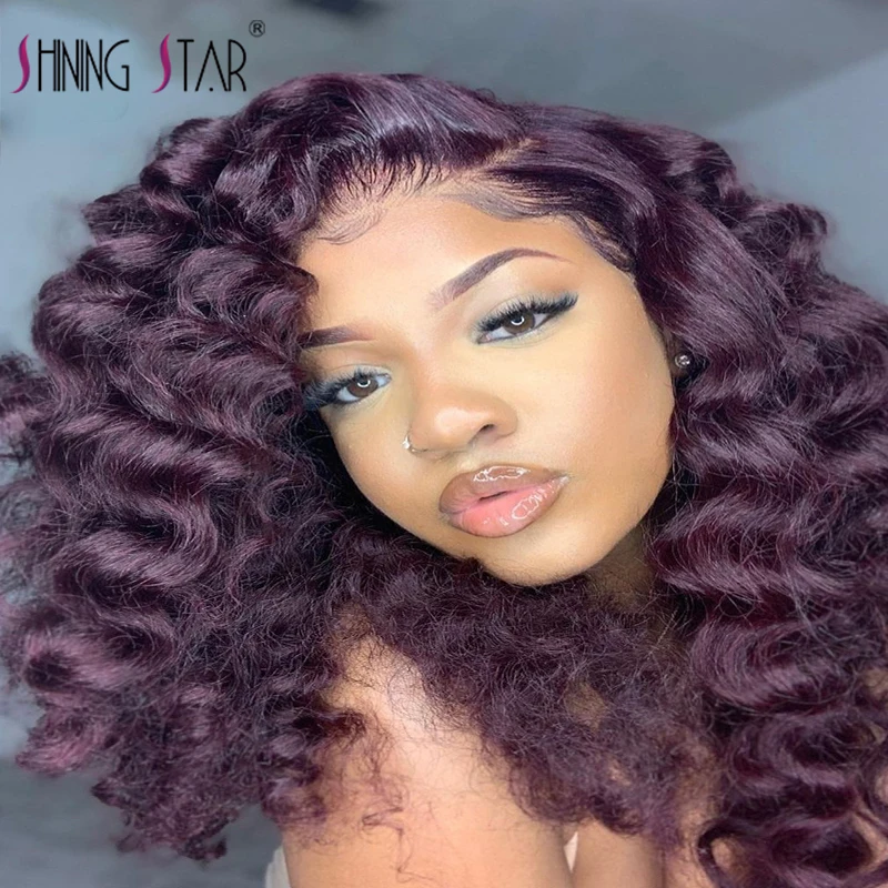 Парики из натуральных волос 13 × 4 вьющиеся бордовые предварительно выщипанные |