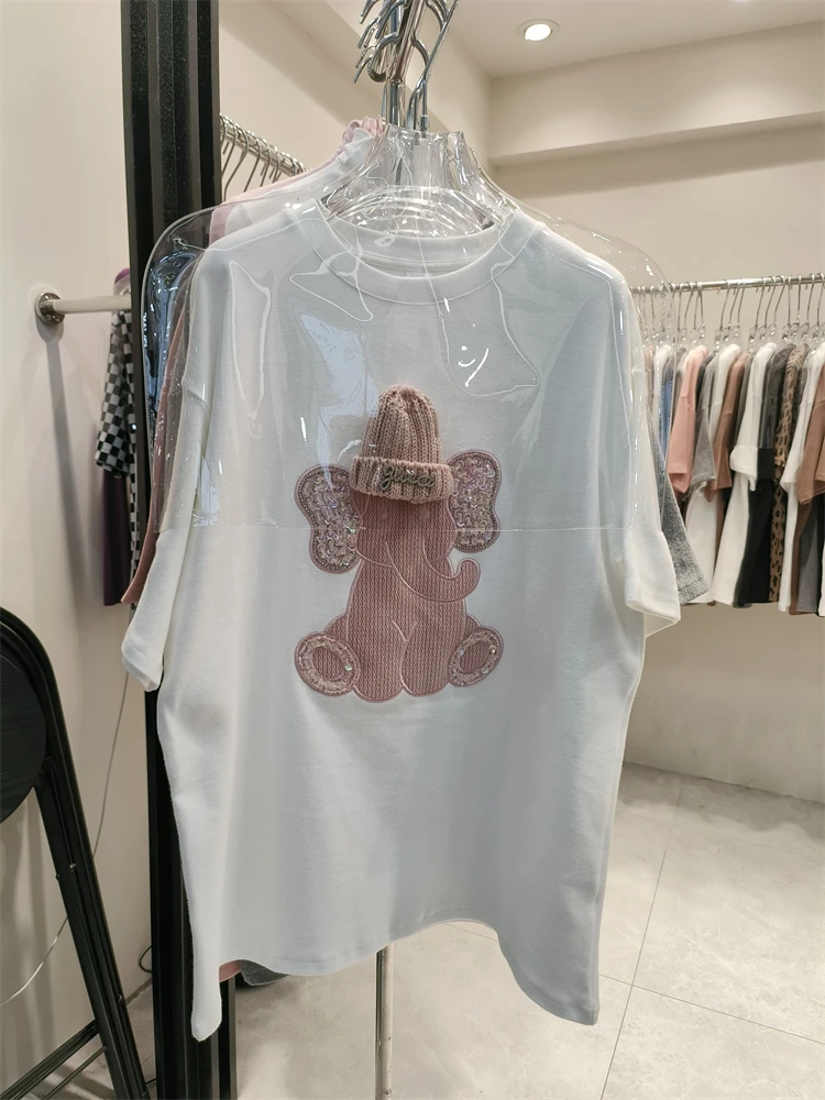 

Thicken Sanding Women Short Sleeve T Shirt 2023 New Spring Embroidery Hat Elephant Oversize Top Age Reduction Casual White Tees
