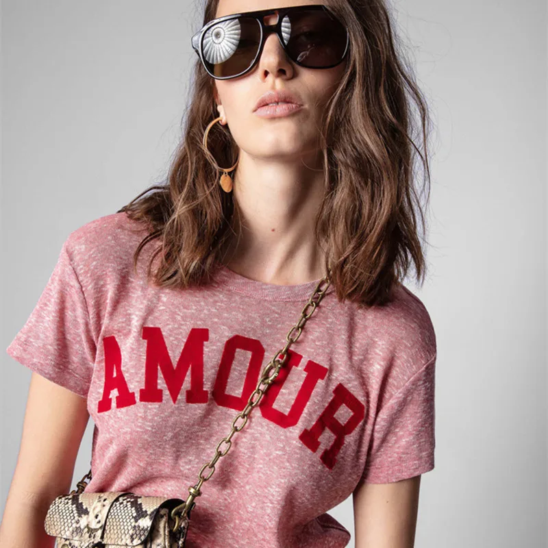 

New Tshirts for Women Flocking Letters Woman Tshirts Spring Summer Zadig Voltaire Tshirts Casual Vintage T Shirts Women Zv