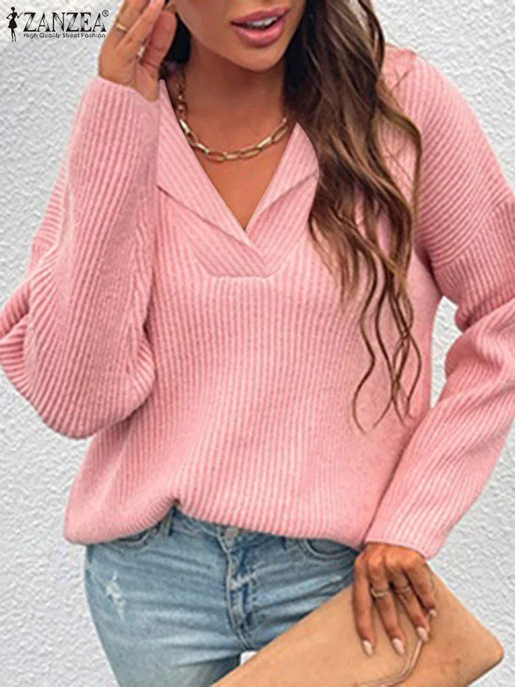 

Женский офисный вязаный пуловер ZANZEA, модные женские футболки с длинным рукавом, женская одежда, блузы, повседневные свободные топы с отложн...
