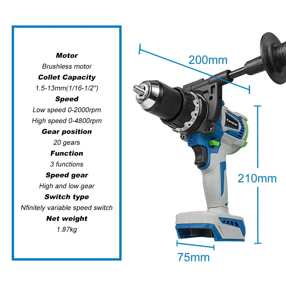 Бесщеточная электрическая Ударная дрель Kamolee 13 мм аккумуляторная отвертка
