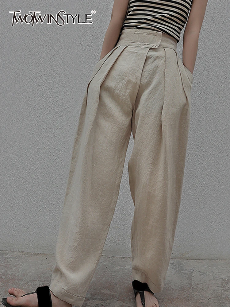 

TWOTWINSTYLE Loose Ruched Trousers Female High Waist Spliced Pockets Solid Wide Leg Long Trouser Women Clothing 2023 Fashion New