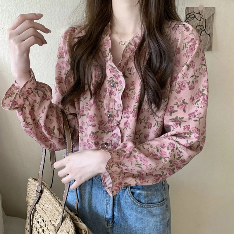 

French V-neck Floral Printed Tops Autumn 2023 Long Sleeve Chiffon Blouse Shirt Retro Women Clothes
