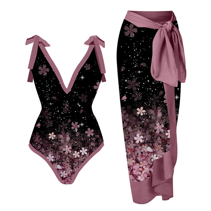 

Elegant Lilac Gradient Flower Print Bikini V-Neck Sexy One-Piece Strap Swimsuit Women's Fashion Backless Beachwear Cover Up