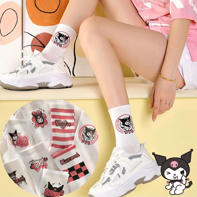 

8Pcs Sanrios Kuromi Socks Autumn New Girls Cartoon Cute High Quality Ins Student Hoses Casual Breathable Mid Tube Cotton Socks