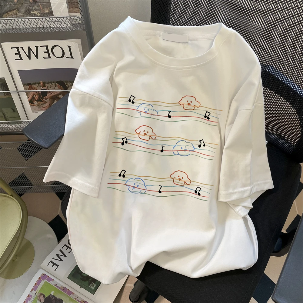 Sweet Preppy Cute Note Puppy Short sleeve T-shirt Men and Women Summer Age Reduction Western Sle Super Nice Shoulder Top