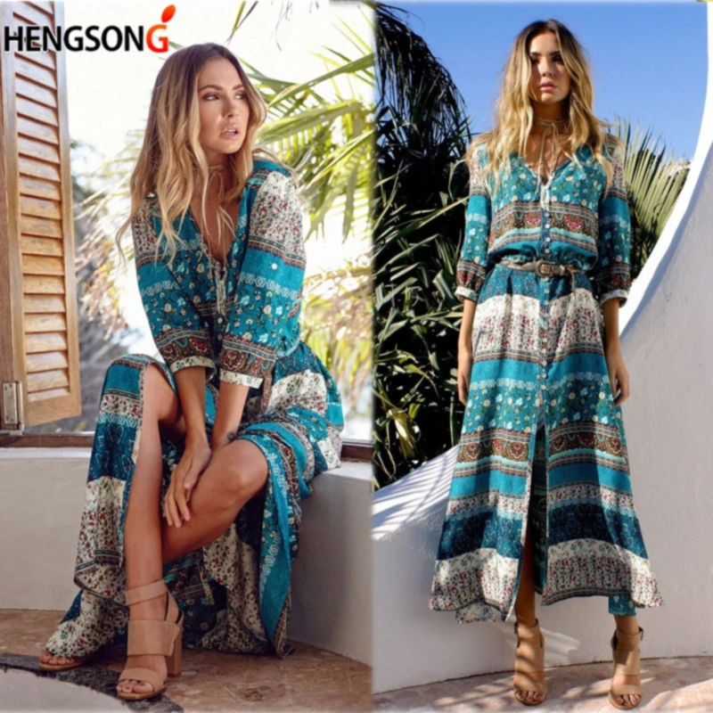 

Summer Print Long Maxi Boho Beach Dress Fashion Floral Print Long Maxi Dress Woman Party Night Elegant Dress