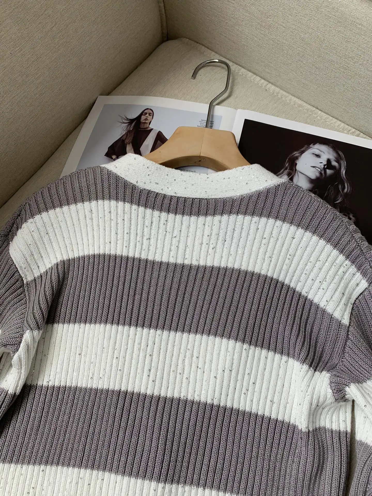 Осенний женский кардиган B * C Хлопковый вязаный свитер в полоску с длинным