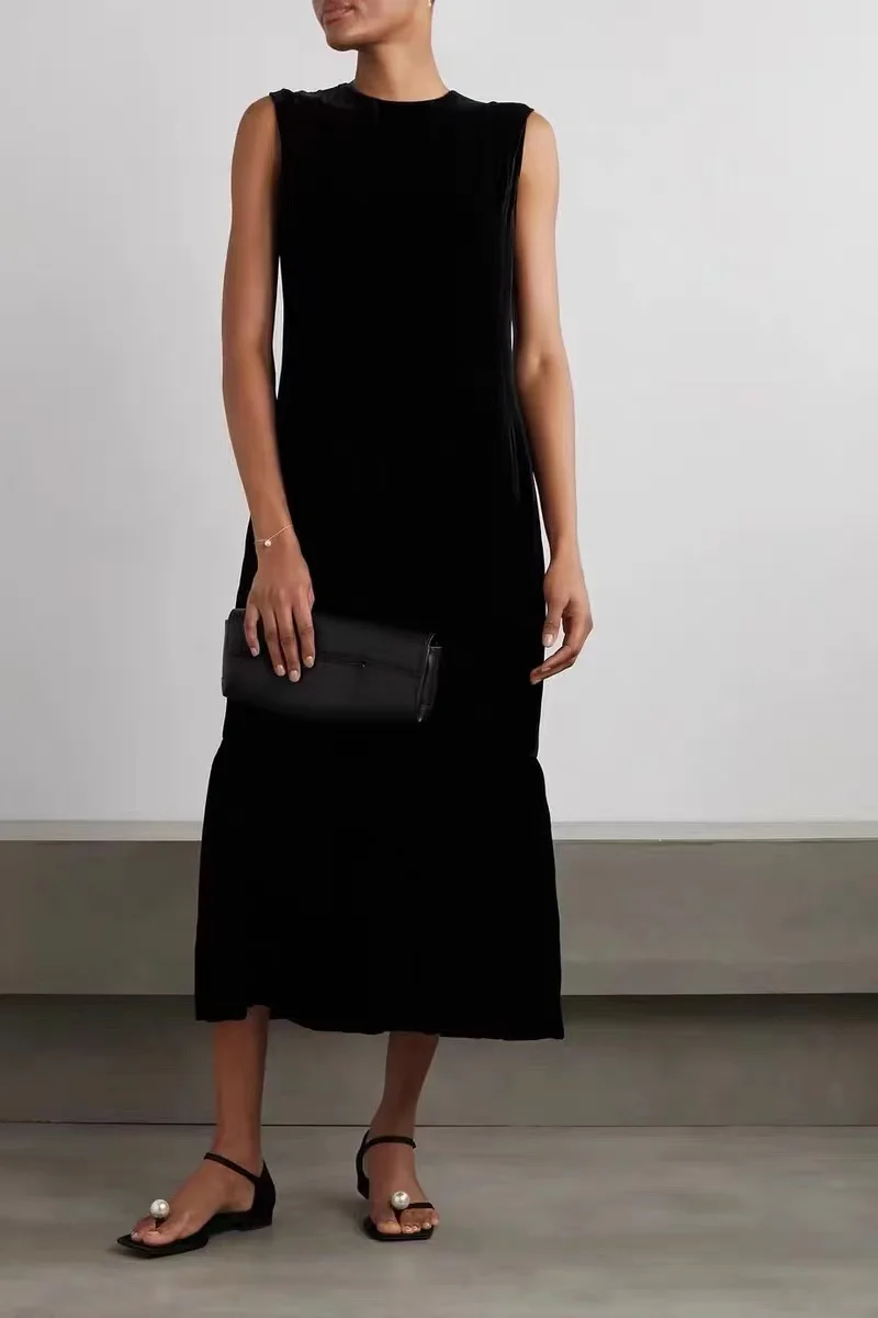 

Женское платье до середины икры без рукавов с высокой талией и круглым вырезом свободного кроя простой бархатный халат-труба Повседневный Весна Лето 2023 Новинка