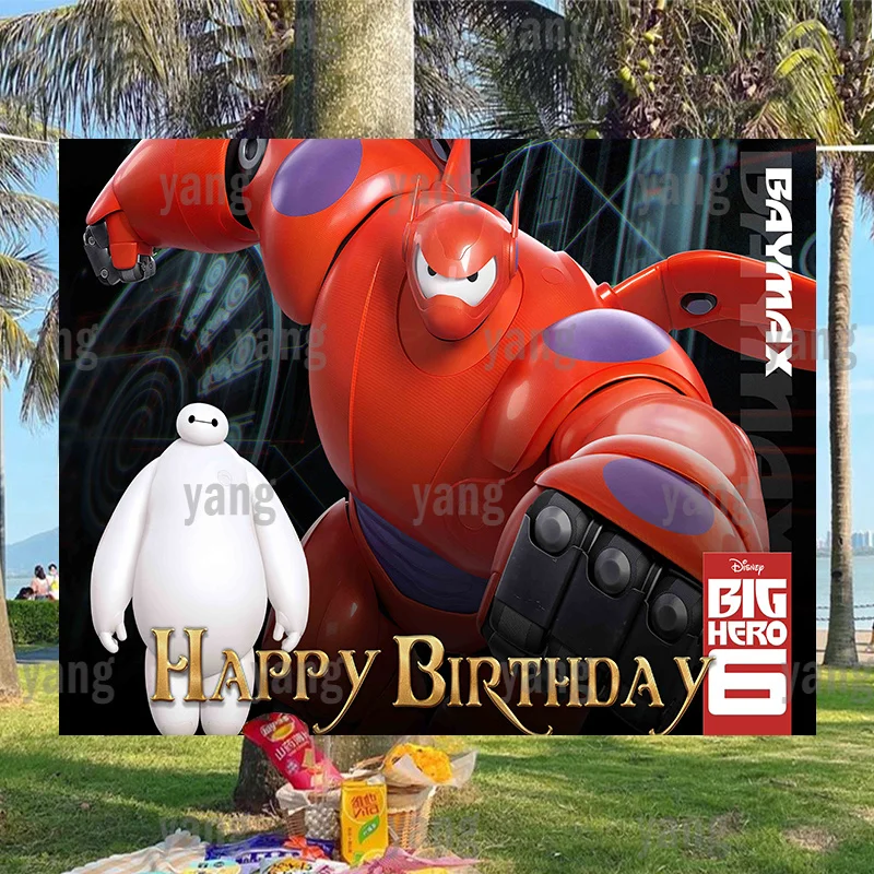 

Cartoon Brave Big Red Hero Baymax Hiro Hamada Cake Table Background Disney Black Birthday Party Backdrop Boys Party Decoration