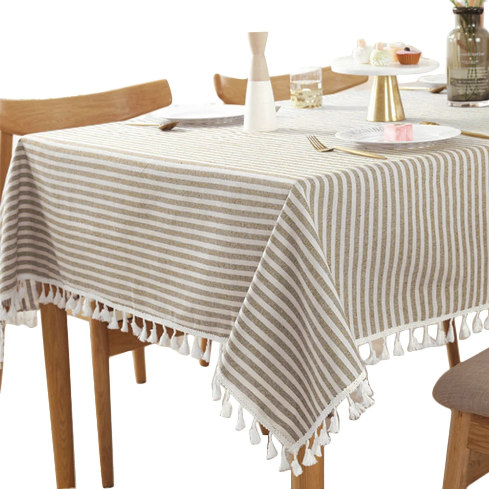

140/180/220/250cm Square Stripe Tassel Tablecloth Plain Retro Cover For Kitchen Dinning Dust-Proof Cotton Linen Printed Elegant