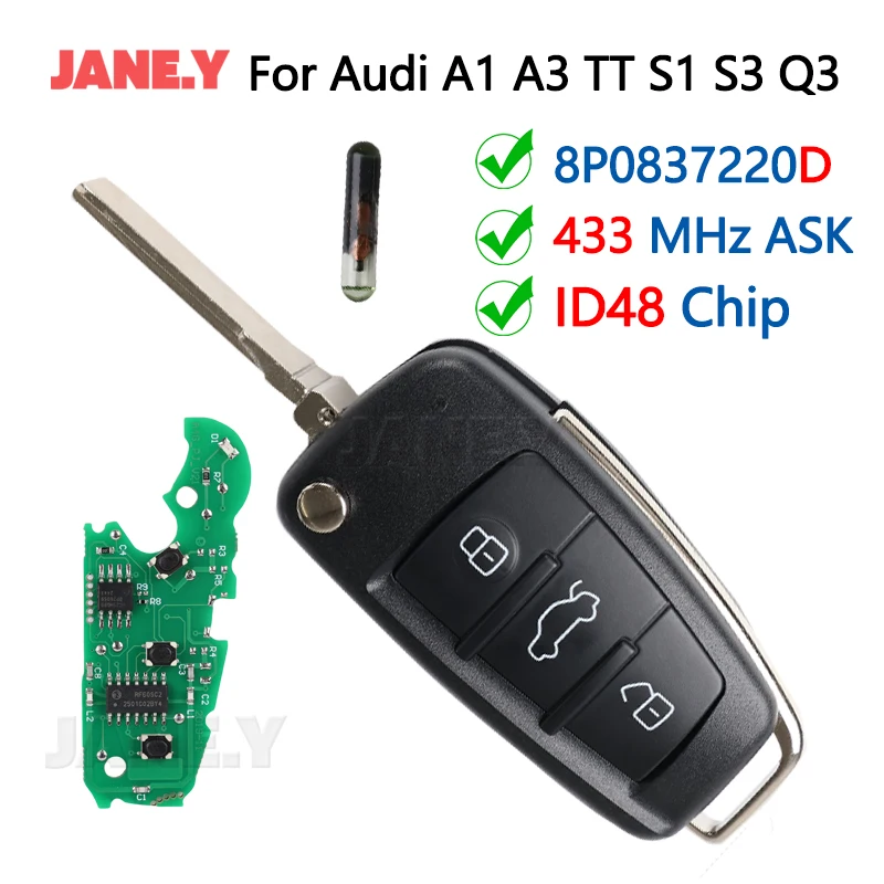 Фото Замена автомобильного брелока для Audi A1 A3 TT S1 S3 Q3 2005+ 433 МГц ASK ID48 Чип 8P0 837 220 D Flip Key Fob 8P 0837220 D 3 кнопки №1