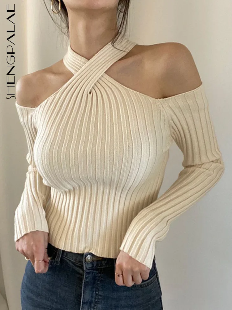 

SHENGPALAE сексуальный простой вязаный свитер с лямкой через шею и открытыми плечами женский тонкий однотонный топ с длинным рукавом Новинка 2023 осень 5W188