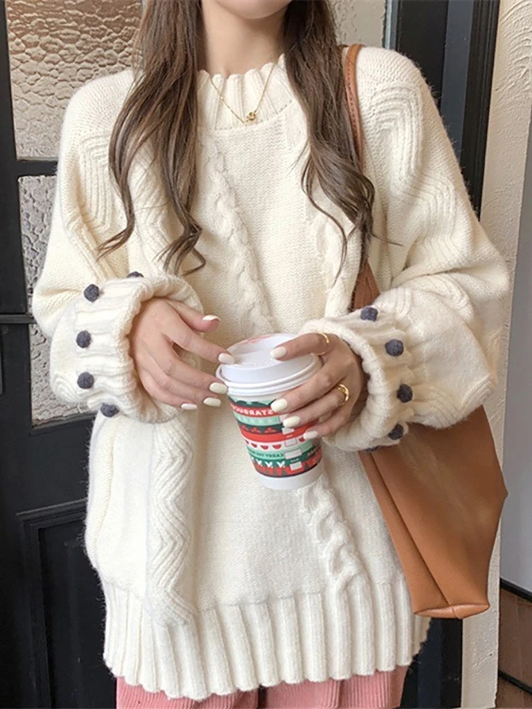 

Knitted Sweater Women Solid Twist Pullovers Ladies Round Neck Long Sleeves Jumpers Female Literary Tops Chandail Pour Femme