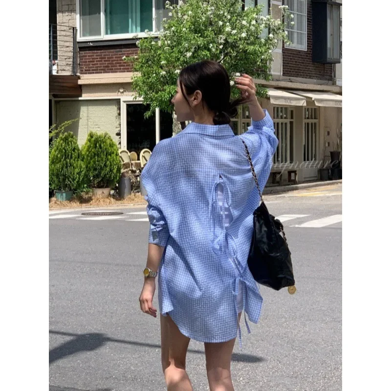 Корейский стиль свободная клетчатая рубашка с ремешком на спине солнцезащитная