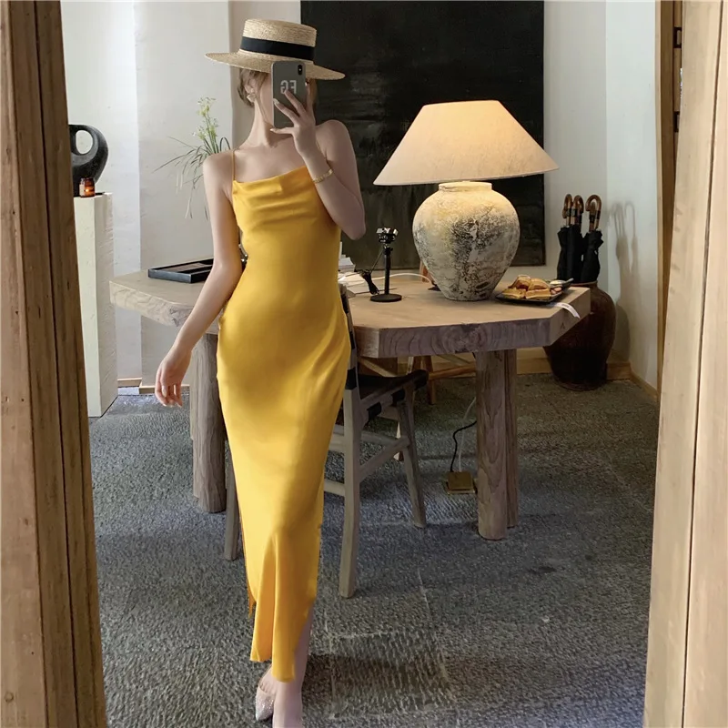 

Women Yellow Dress Fashion Temperament Travel Clothes Fairy Beach Dress Slash Neck Sexy Spaghetti Strap Seaside Holiday Dress