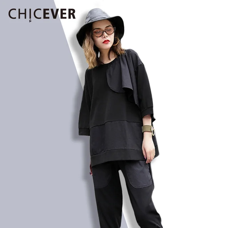 

CHICEVER Black Casual T Shirt For Women Round Neck Three Quarter Sleeve Ruffle Trim Solid T Shirts Female Korean Fashion Clothes