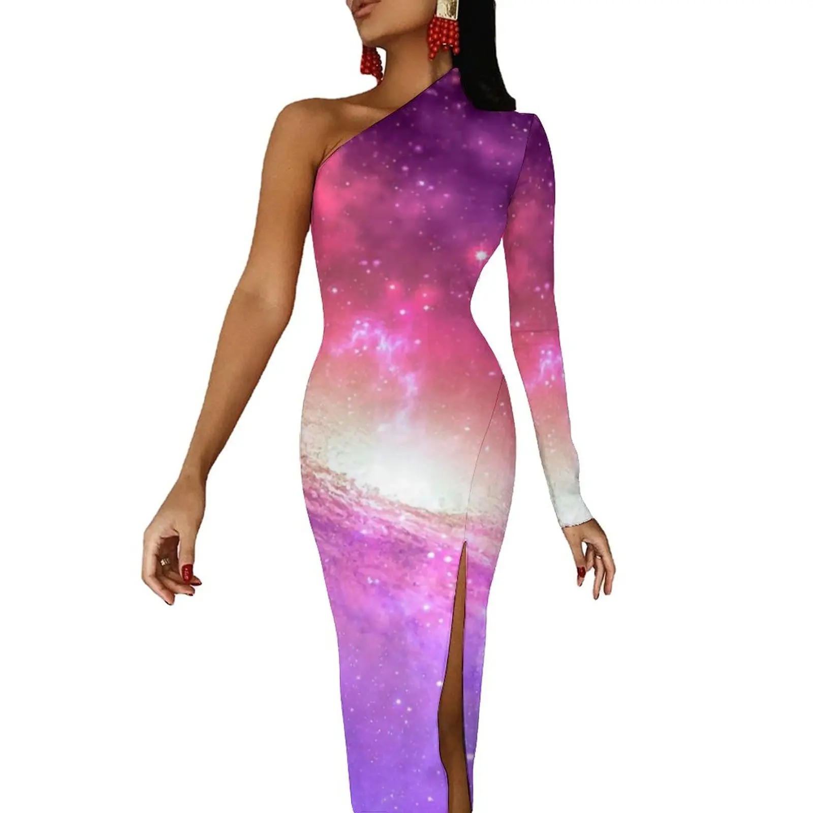 

Colorful Purple Star Side Split Bodycon Dress Galaxy Artwork Print Cute Maxi Dress Spring Long Sleeve Streetwear Dresses Gift