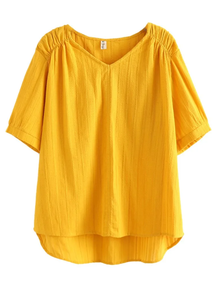 

Women's Clothing Plus Size T-Shirt 2022 Summer Fashion Jacquard Cotton Short Sleeve Tees Shoulder Fold Casual Tops J3-0217