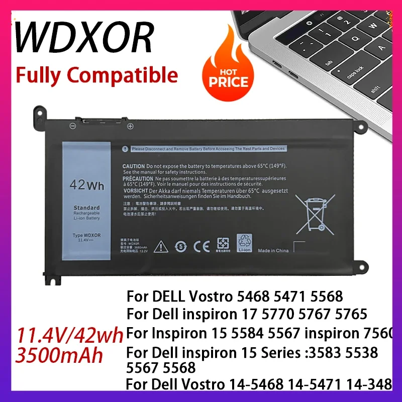 Фото Аккумулятор WDXOR для ноутбуков DELL Vostro 5468, 5471, 5568, Inspiron 17, 5770, 5767, 5765, 15, 5584, 5567, 7560, 3583, 5538, 5567, WDXOR 11.4V 42WH №1