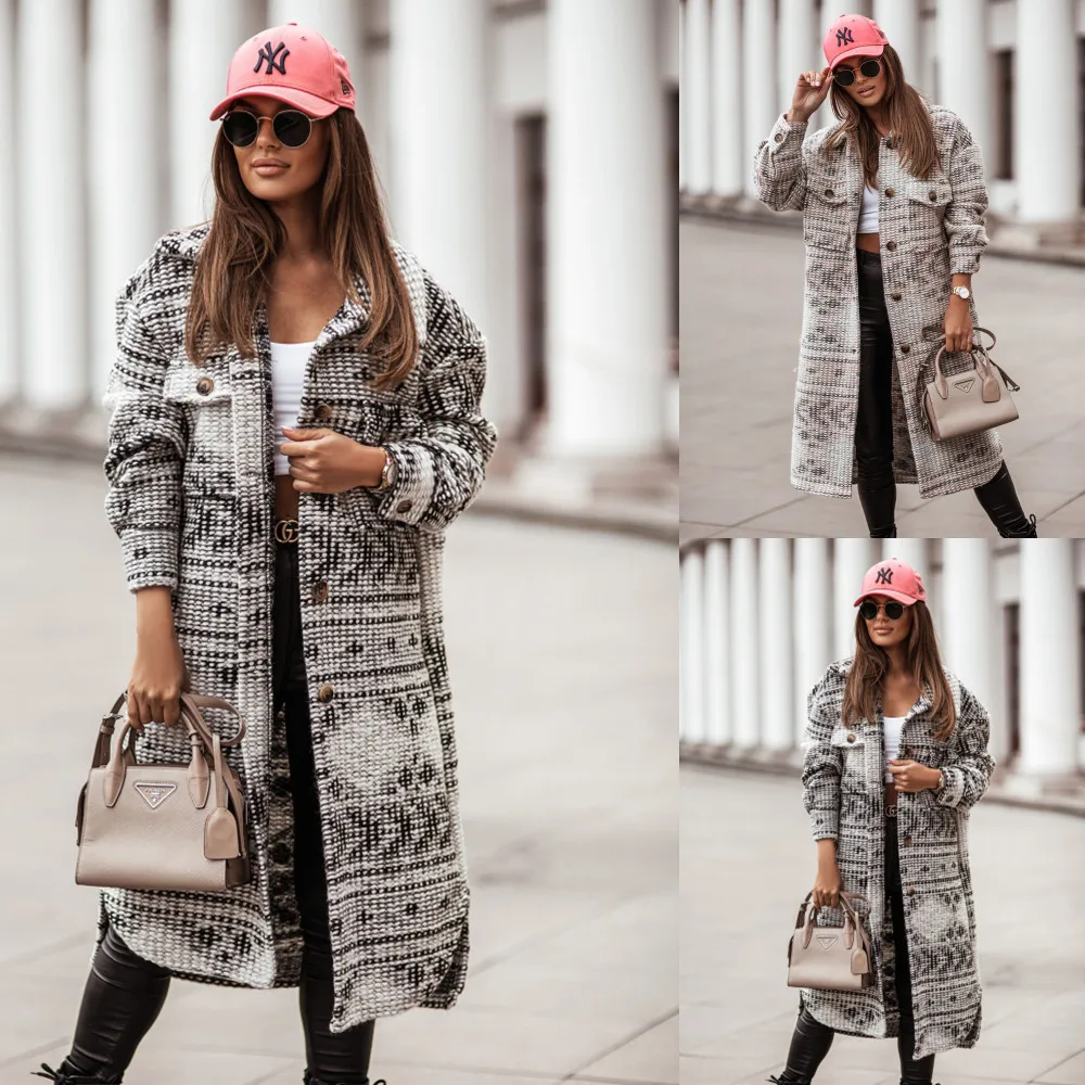 

Women's Long Wool Coats Autumn and Winter Printed Wool Coat