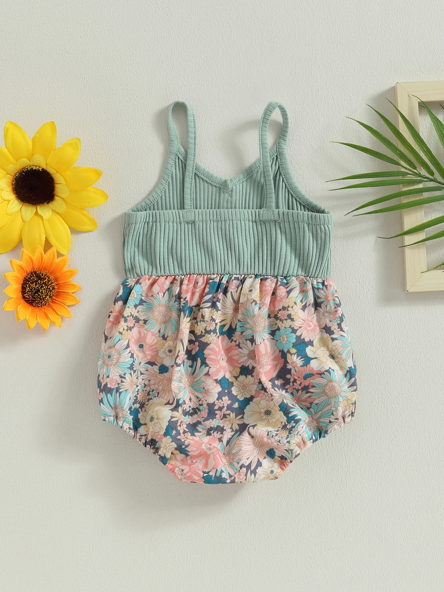 

Baby Girls Sleeveless Button Down Floral Patchwork Ribbed Playsuit for Summer Casual Wear