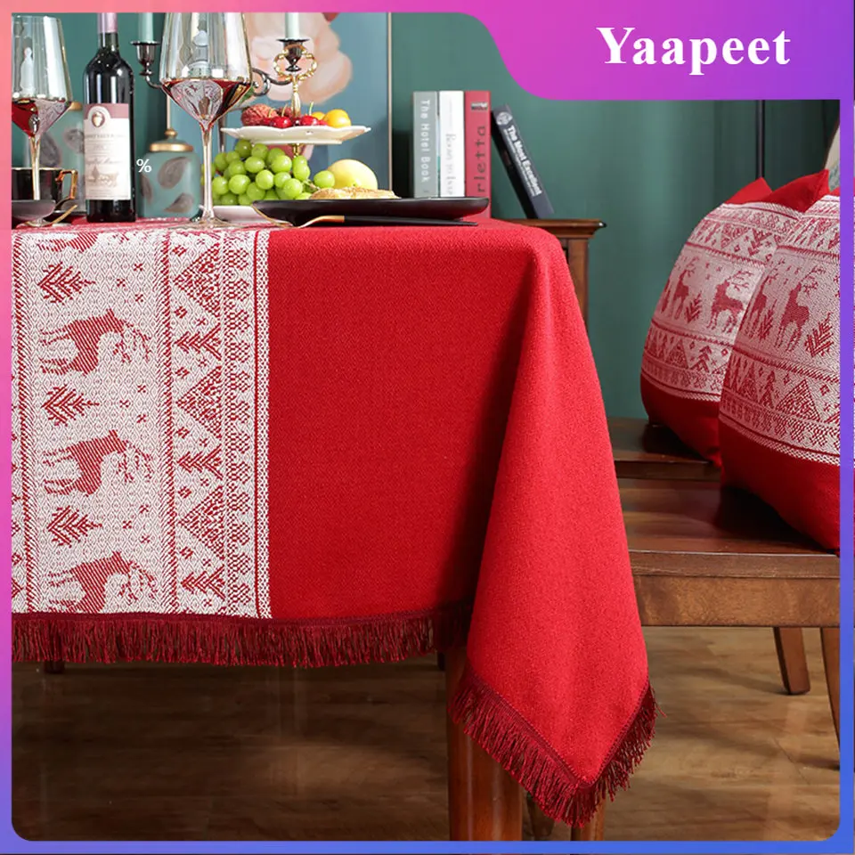 

Christmas Table Cloth New Year Tablecloth With Tassel Rectangle Table Cover Red Elk Xmas Decoration Table Linen mantel mesa