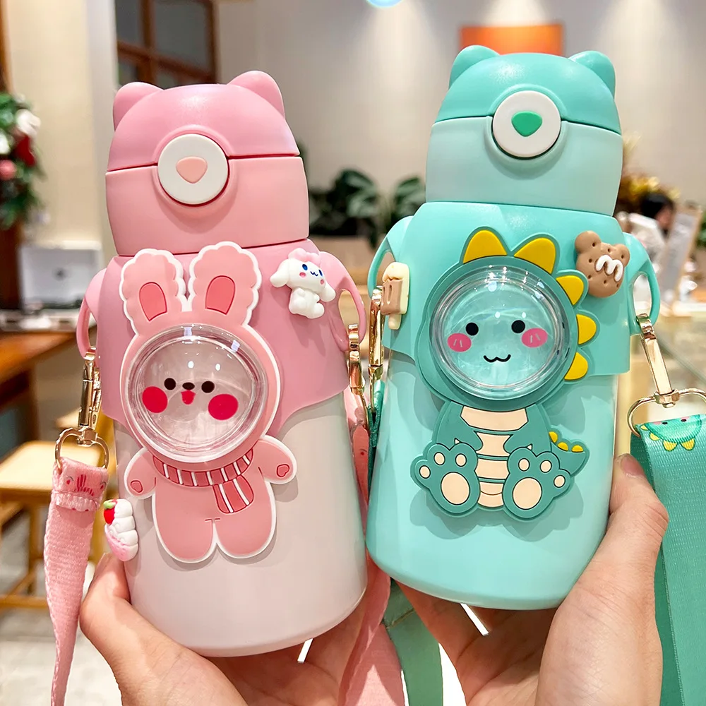 

520ml Kawaii Thermos Bottle For Children Stainless Steel Thermal Cup With Straw Kettle Portable Kids Water Bottle For School
