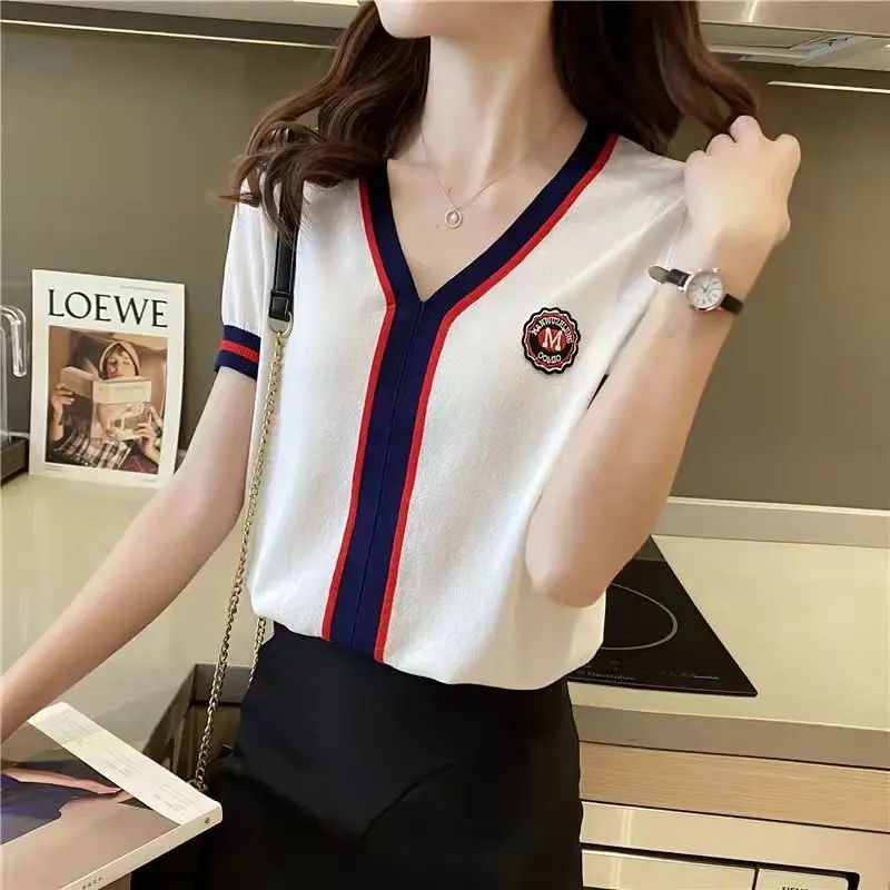

Ice Silk Short Sleeve T-shirt Women Loose Summer 2022 New V-neck Sweater Short Color Matching Half Sleeve Bottoming Shirt Top