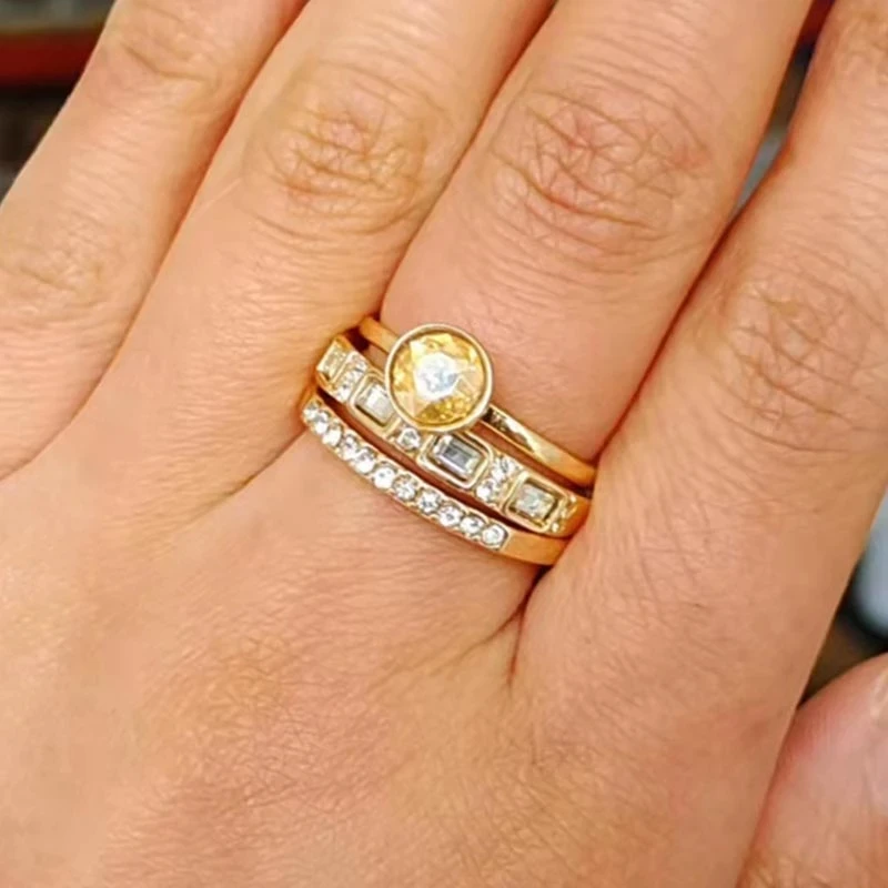 

3pcs Wedding Ring Sets for Women Luxury Champagne Crystal Rings Gold Color Anillos Mujer Female Jewelry Dropshipping