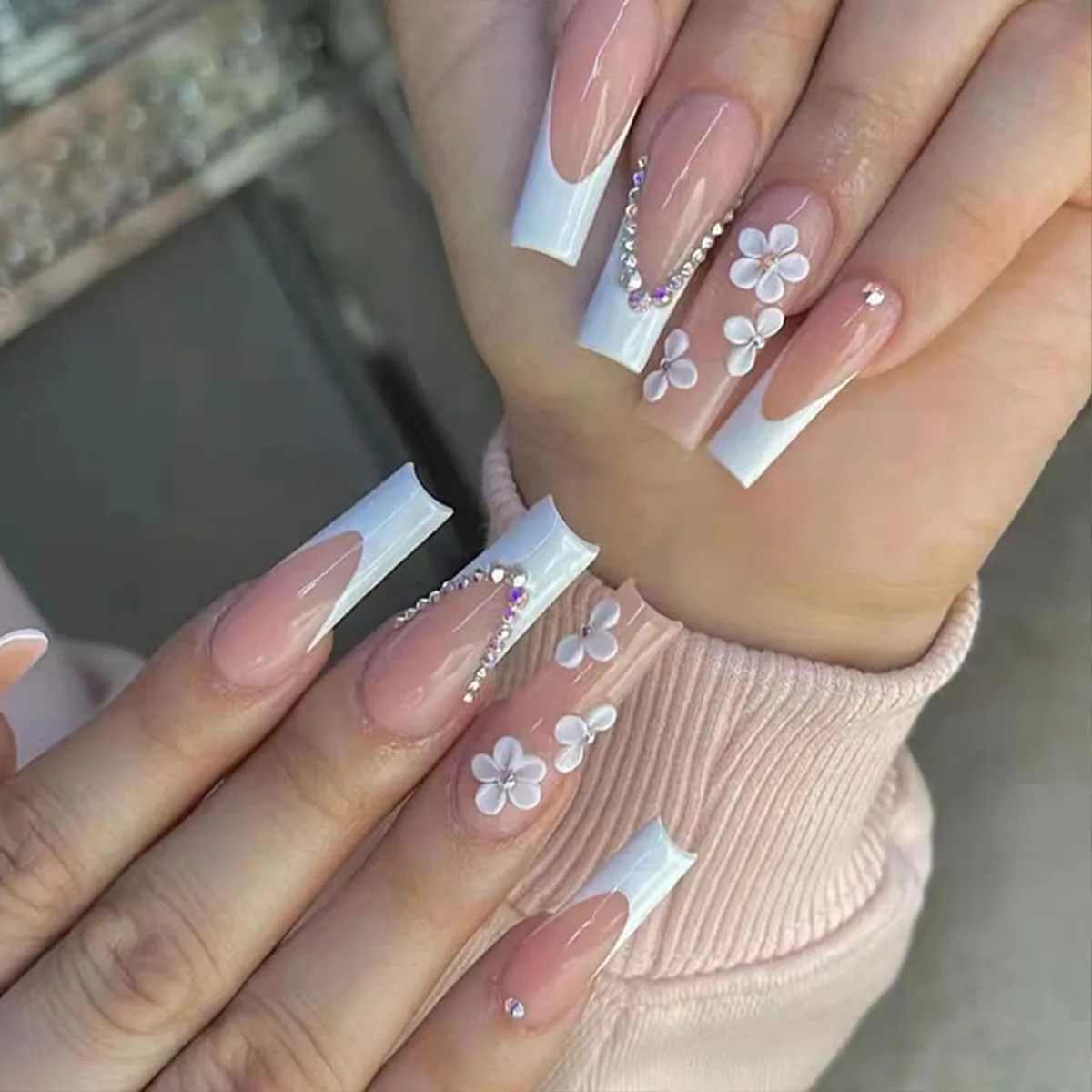 

3D fake nails accessories long french coffin tips nude white flowers with diamond designs faux ongles press on false nail set