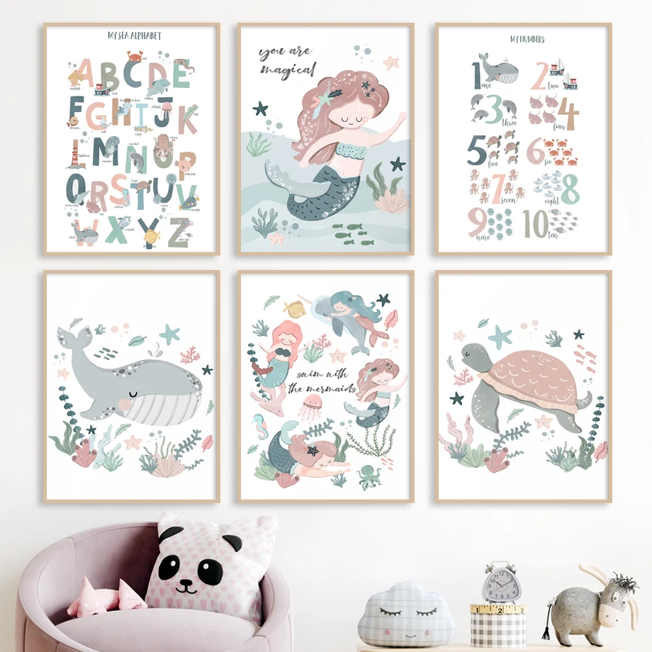 

Shark Mermaid Numbers Alphabet Nursery Education Wall Art Canvas Painting And Prints Wall Pictures Baby Kids Room Decor