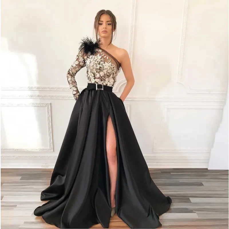 

VENUS 2024 One-Shoulder Sexy Prom Dresses A-Line Plus size Belt Formal Dresses Feathers Evening Dress Lace Appliques Party Dress