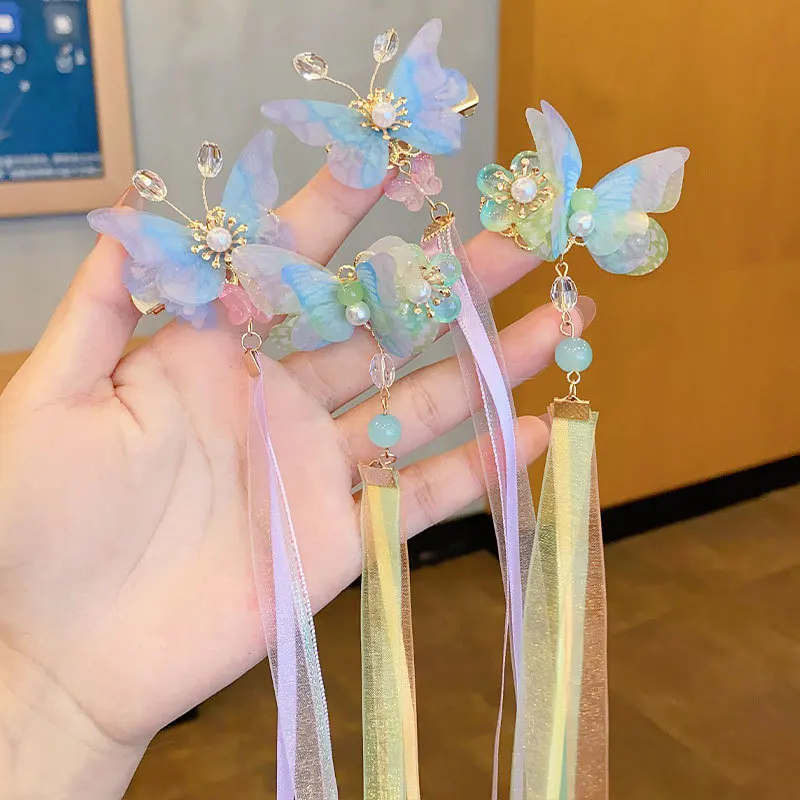 

Hanfu headdress girl ancient style fringe long ribbon hair clip little girl flower butterfly ancient costume hair clip