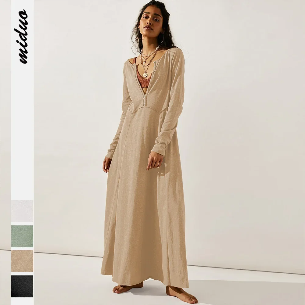 

Europe and the United States autumn long sleeve women dress solid color button holiday bohemian swing skirt women's dress