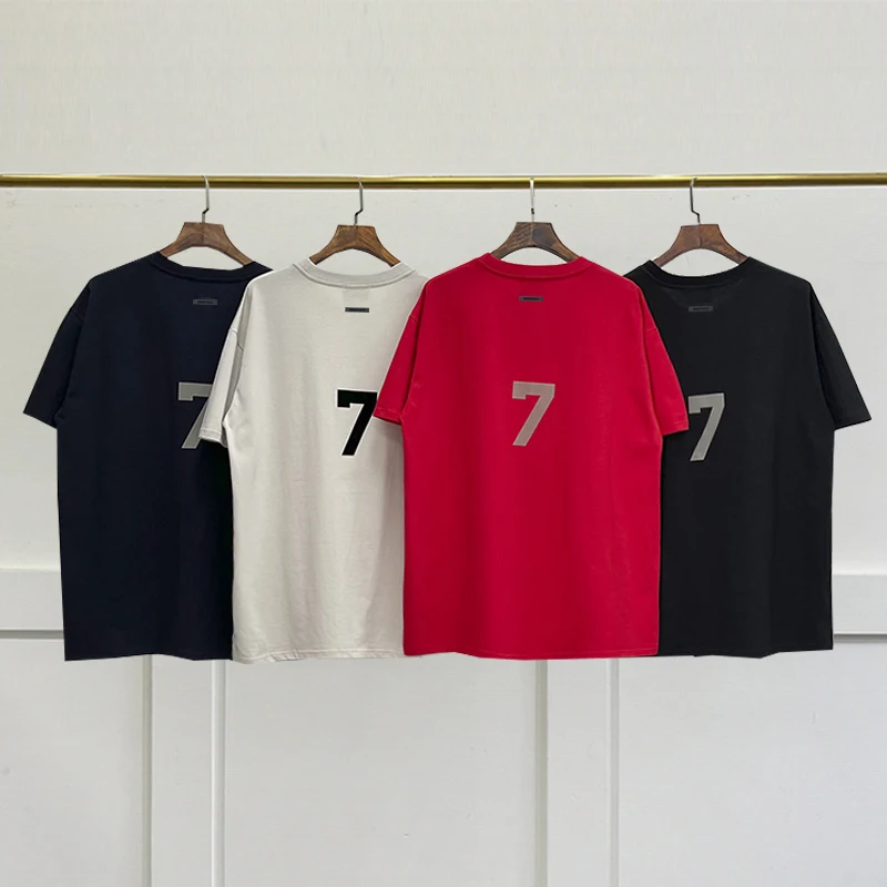 

New Summer Men's Essentials T-shirts 7 Flocking Logo Tees Hip Hop Street Men's and Women's Oversized Cotton T-shirts