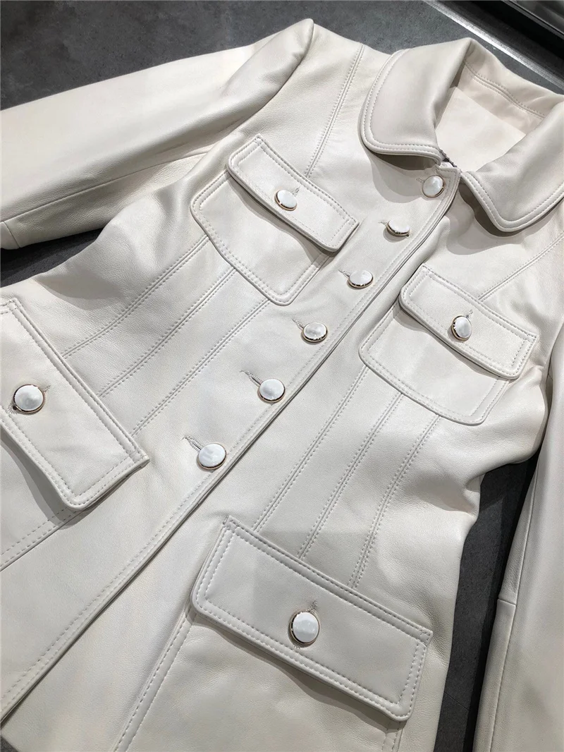 Fashion Brand Autumn Real Leather Coat Women Casual Slim Fashion Streetwear Sheep Leather Jacket Black White Female Clothes