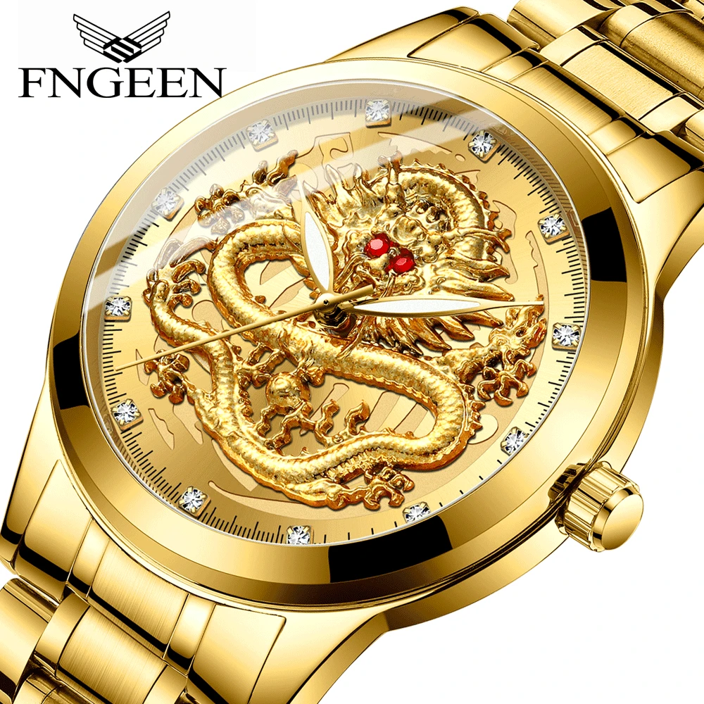 

FNGEEN embossed golden dragon men's waterproof quartz watch diamond inlaid ruby dragon face fashion noble watch