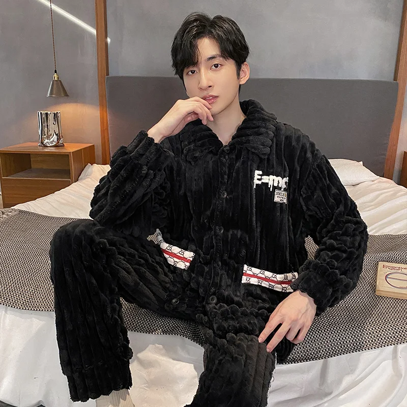 QUHENG Men's Winter Pajamas Sets Layers Warm Thick Winter Coral Fleece Sleepwear Long Sleeve Turn-Down Collar Pijamas Suits