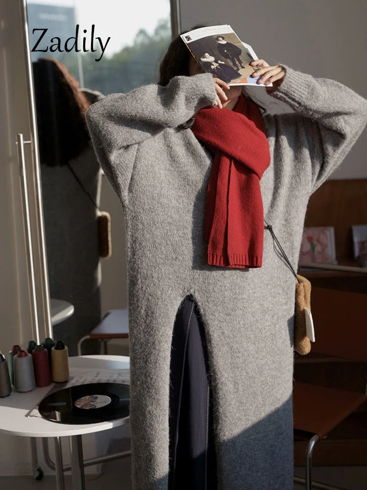 Женский Длинный свитер с длинным рукавом круглым вырезом и разрезом