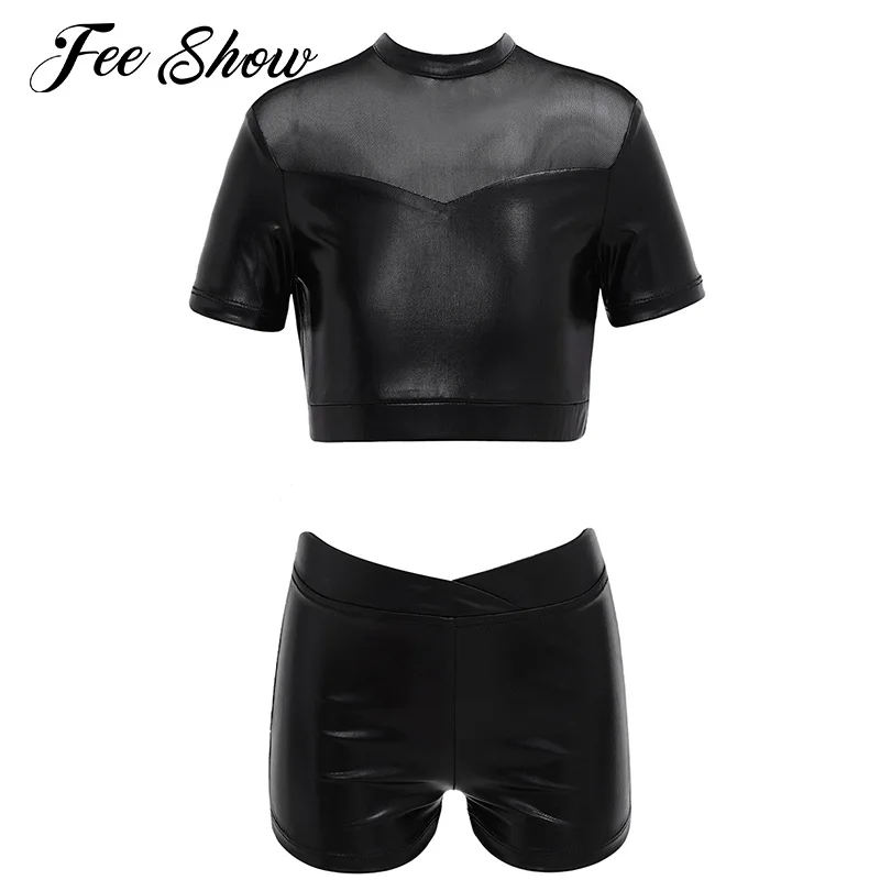 

Kids Girls Sports Dance Outfit Shiny Metallic Mesh Patchwork Open Back Crop Tops and Shorts Set for Modern Dance Jogging Workout