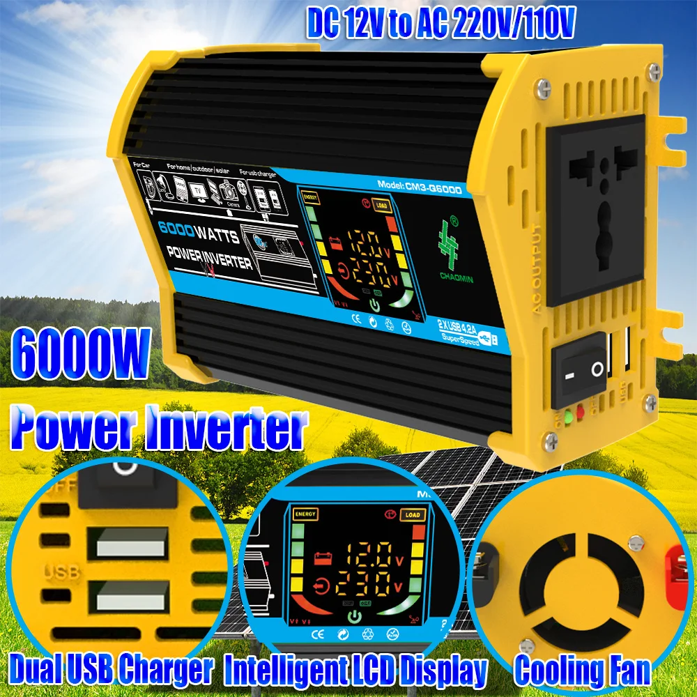 

12V To 220V/110V Car Inverter 6000W Power Converter Dual USB Digital Power Inverter Dual LCD Display Quick Charge for RV Caravan