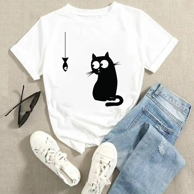 

Футболка женская с рисунком кошки и животного, милый модный топ с коротким рукавом, с графическим принтом, на лето