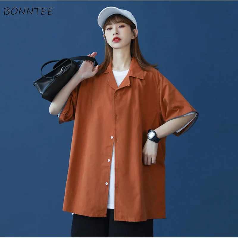 

Short Sleeve Shirts Women Retro Solid M-5XL Unisex Students Leisure Simple Fashion All-match Korean Style Streetwear Design New